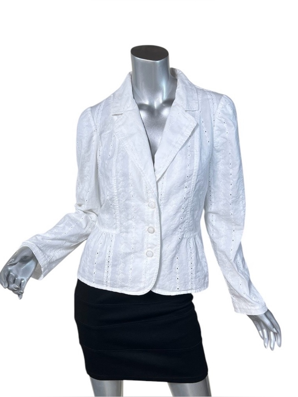 Vintage Y2K Faded Glory White Eyelet Embroidered Button Up Blazer Jacket Size 10